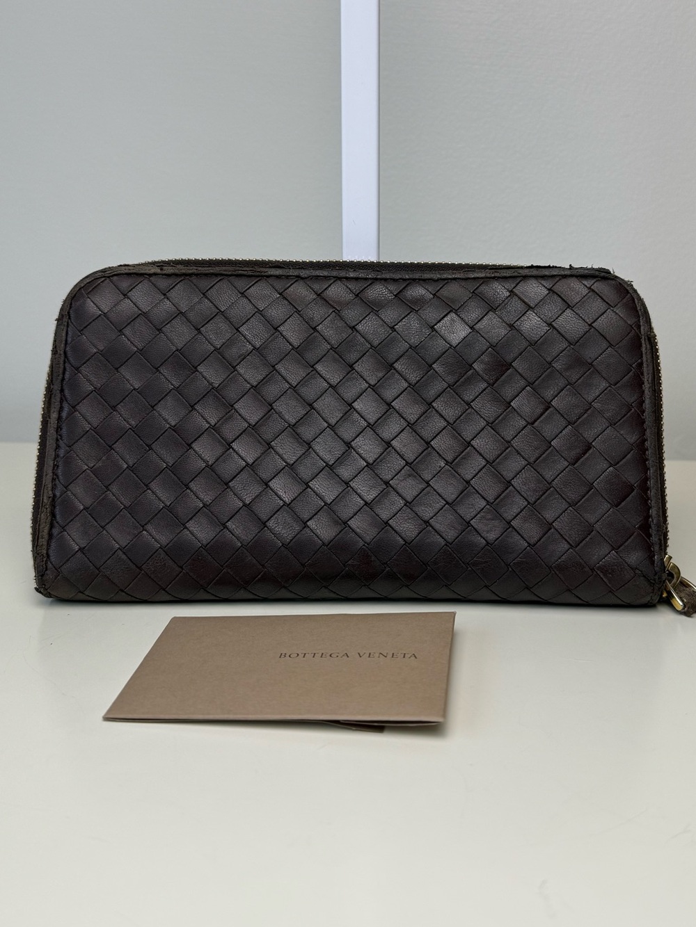 Bottega Veneta Dark Brown Intrecciato Zip-Around Leather Wallet